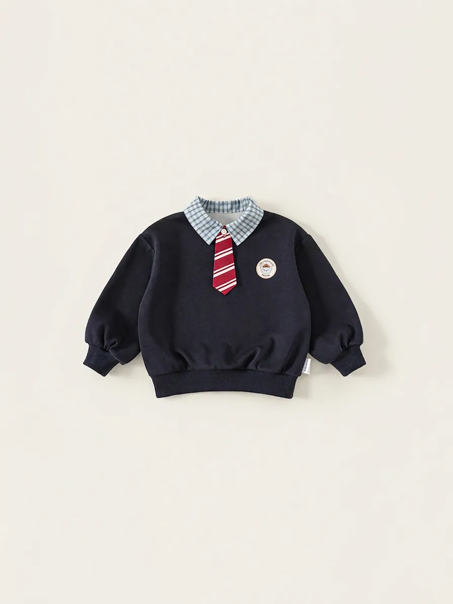 Jungen Akademie-Stil Falscher Zweiteiler Sweatshirt Und Hosen Kombination Mit Krawatte Baumwollmischung Bestickte Kinderbekleidung