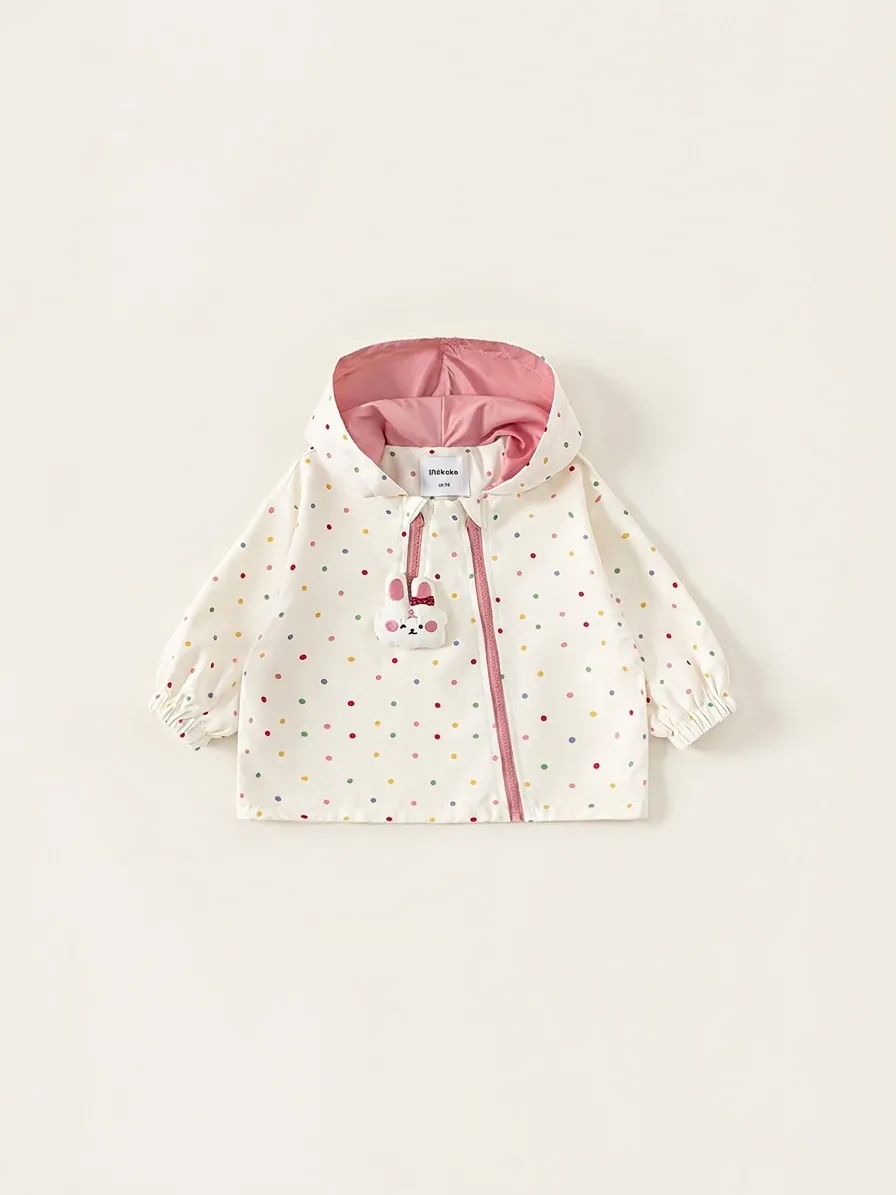 Girls Polka Dot Hooded Jacket Outdoor Windbreaker With Rabbit Charm And Embroidery Denim Pants Toddler Clothes Outwear Set
