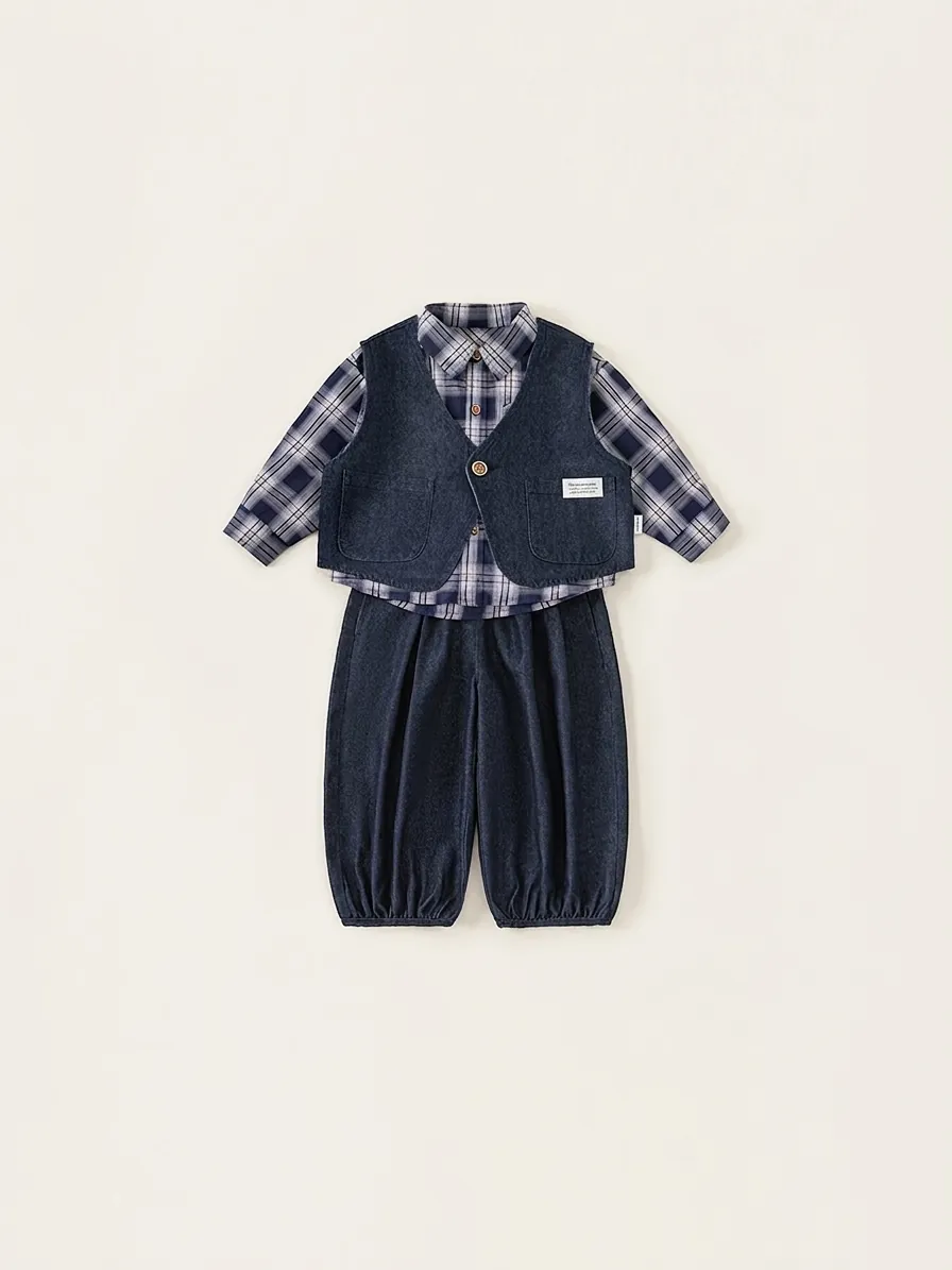 Ensemble de Vêtements 3 Pièces pour Garçons Style Britannique Chemise à Carreaux Gilet en Denim et Pantalon pour Enfants