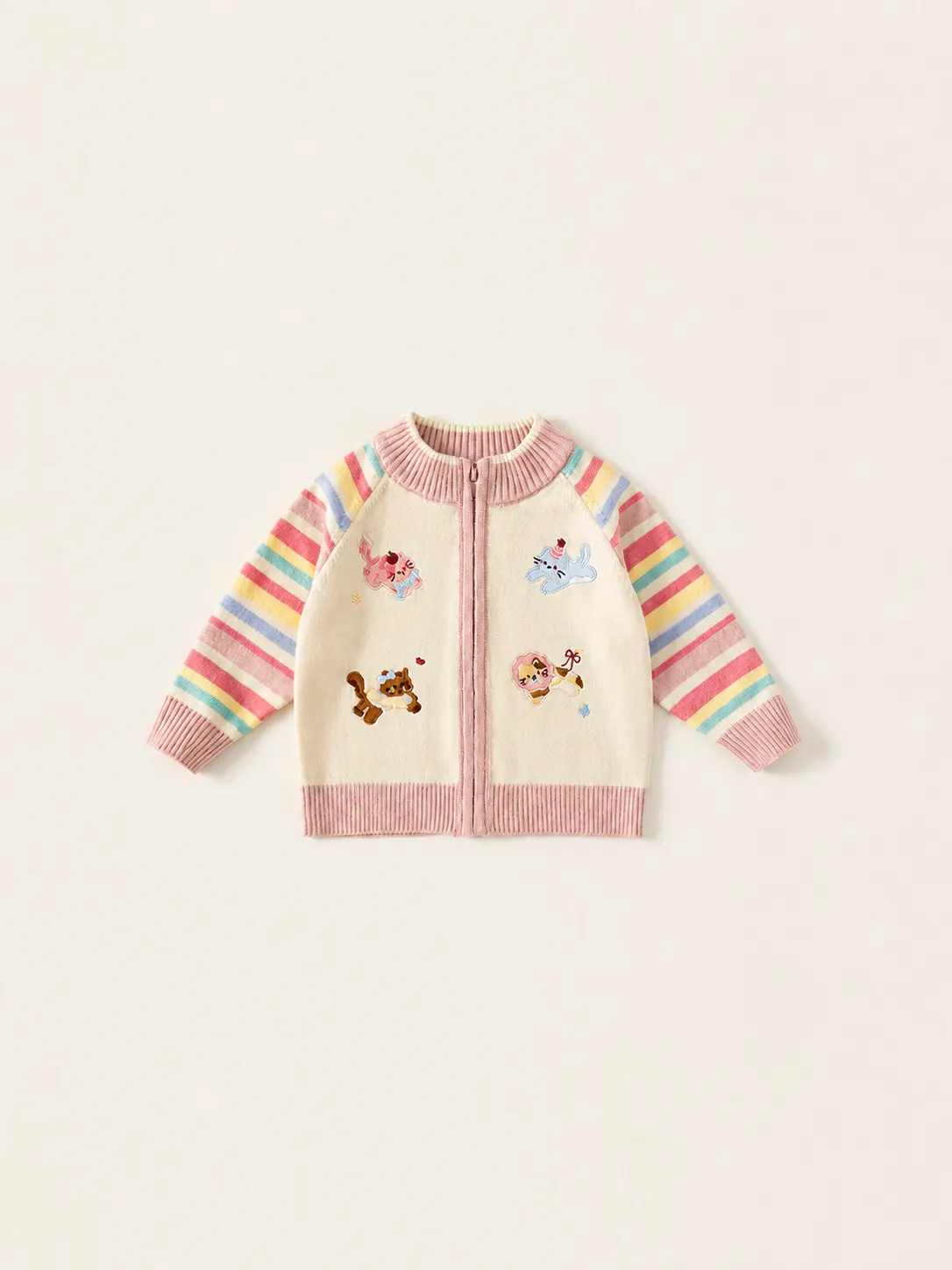 Meisjes Gebreid Vest Trui Jas Acryl Regenboogstrepen Lange Mouw Cartoon Kat Geborduurd Rits Casual Kinderoutfit