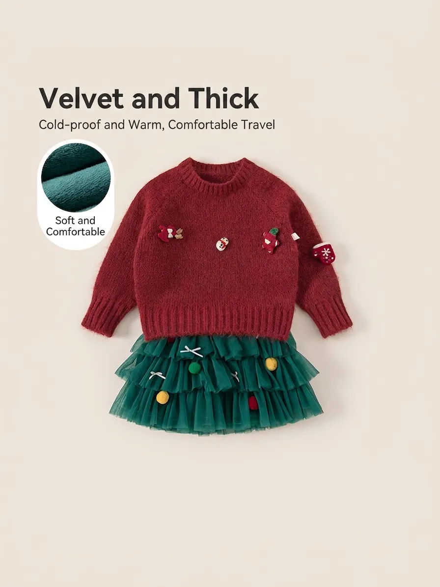 Girls Christmas Knitted Sweater Tiered Tulle Skirt Outfit Red Green Holiday Fleece Lined Thickened Warm Clothes For Kids
