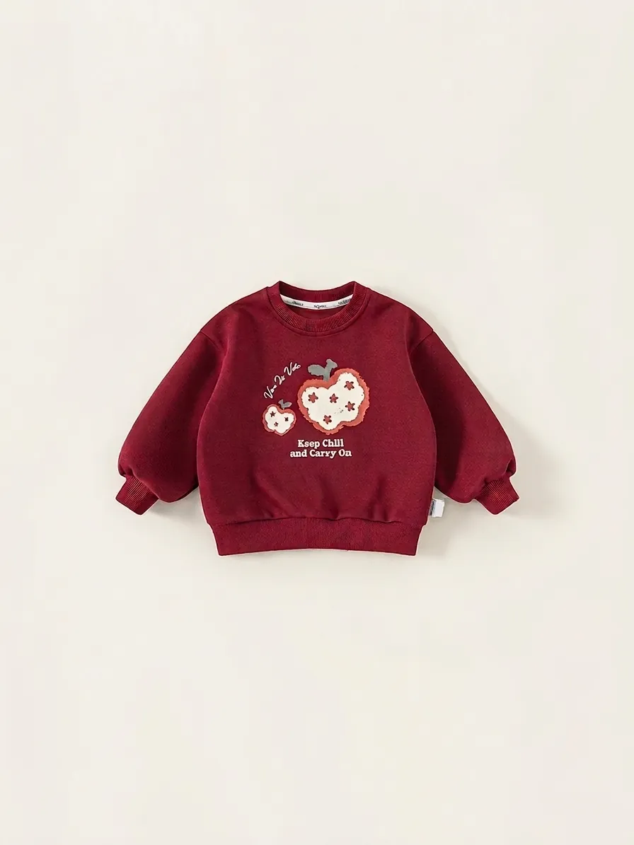 Kinderen Katoenmix Sweatshirt En Denim Broek Set Cartoon Appel Print Ronde Hals Lange Mouw Top Kleuter Kleding Outfit