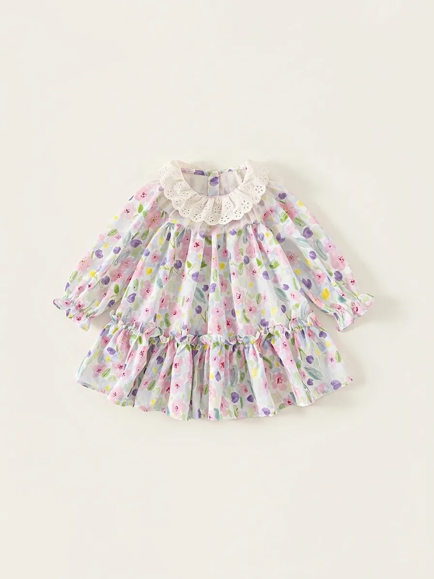 Toddler Girls Sweet Floral Long Sleeve Dress And Purple Knit Cardigan Two-Piece Set Lace Peter Pan Collar Kids Clothing