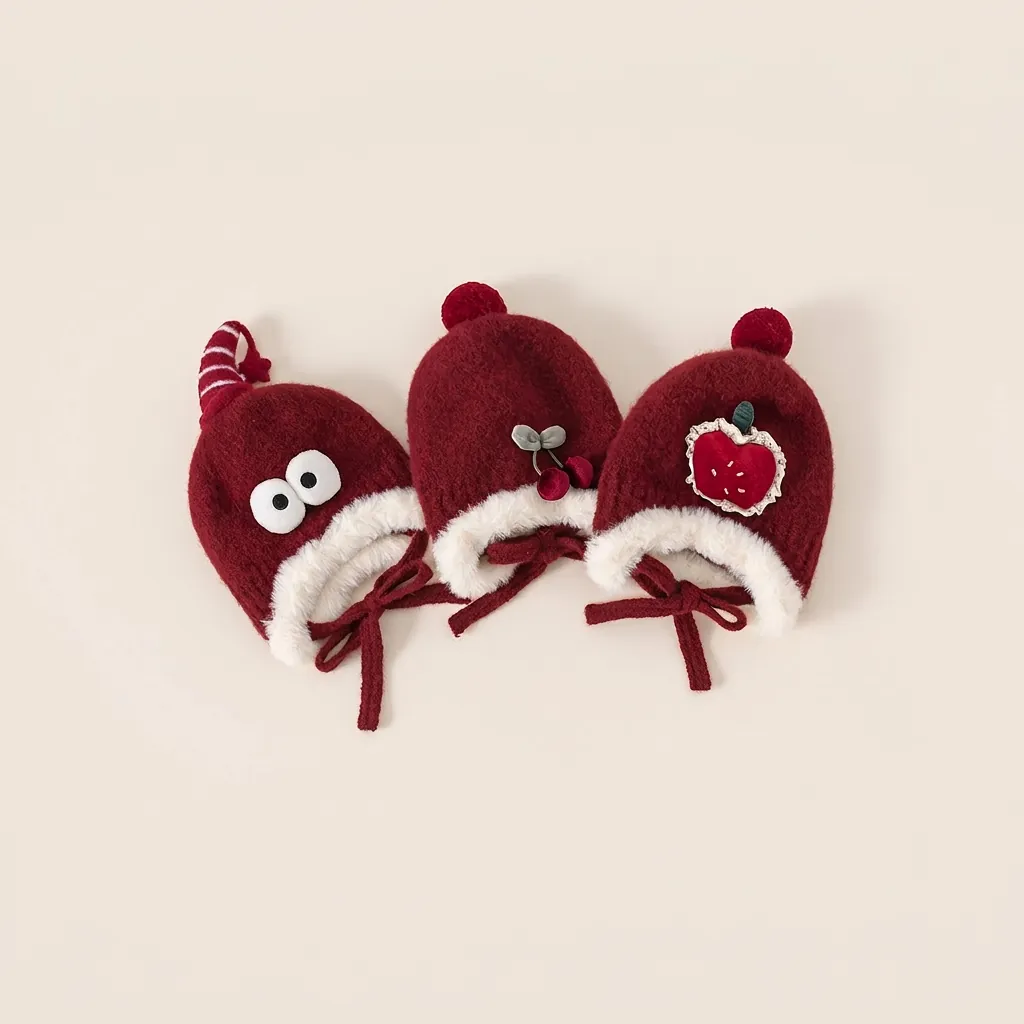 Bonnet en Tricot pour Enfants avec Cache-oreilles Hiver Chaud Beanie avec Grands Yeux Cerise Pomme Doublé Polaire Acrylique