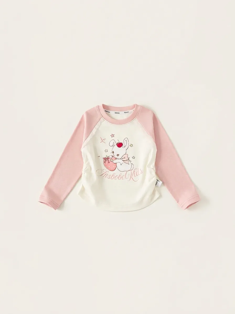 Kids Girls Long Sleeve T-Shirt Raglan Sleeve Cartoon Rabbit Strawberry Printed Round Neck Cotton Top Cream White Pink