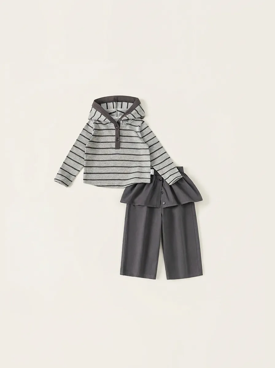 Girls Striped Hooded Sweatshirt And Straight Leg Pants 2 Piece Outfit Set Casual Spring Autumn Fashion Kids Clothing Gray
