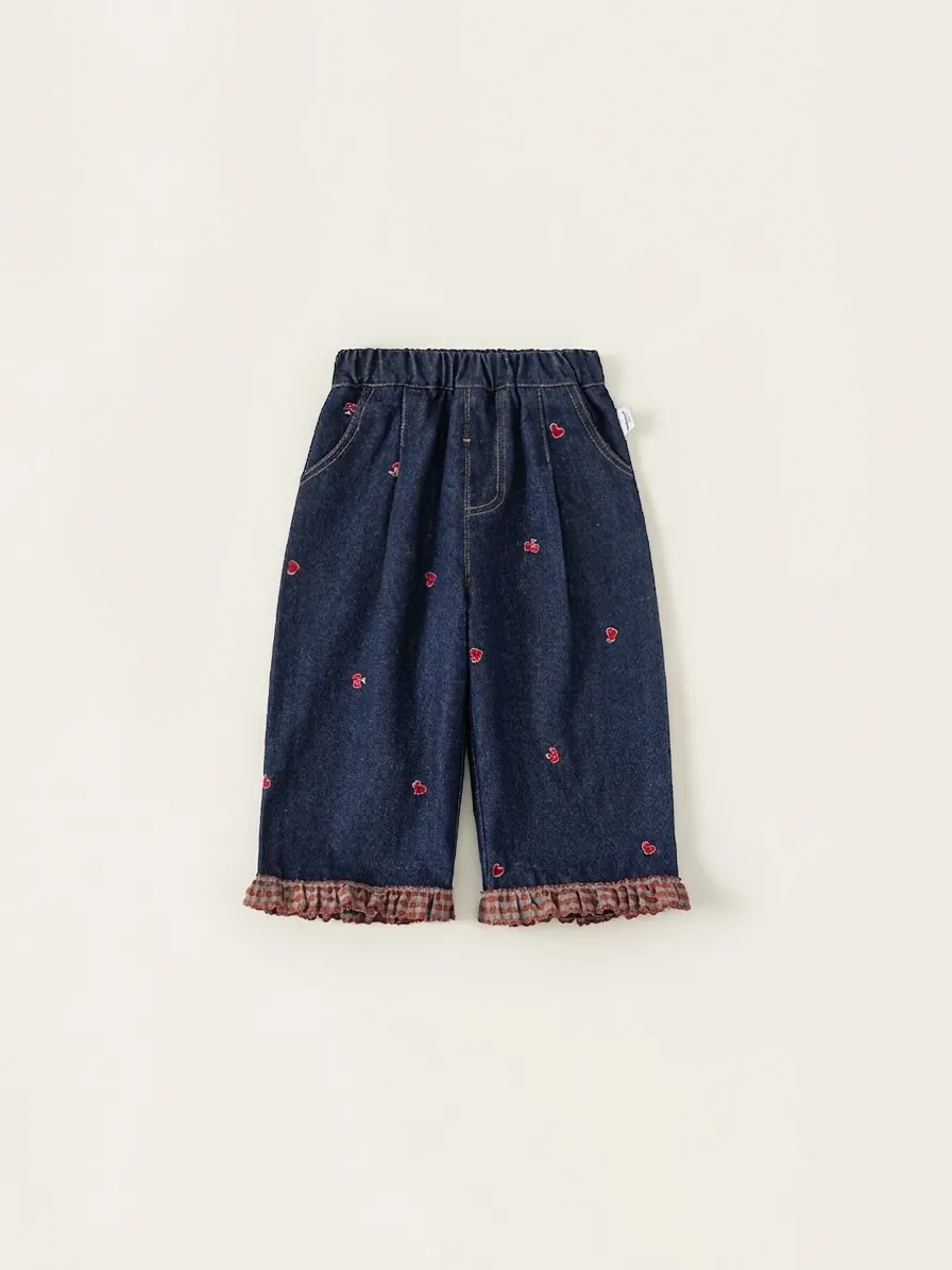 Jean En Denim Pour Filles Avec Broderie Coeur Et Ourlet À Volants À Carreaux Taille Élastique Pantalon Ample