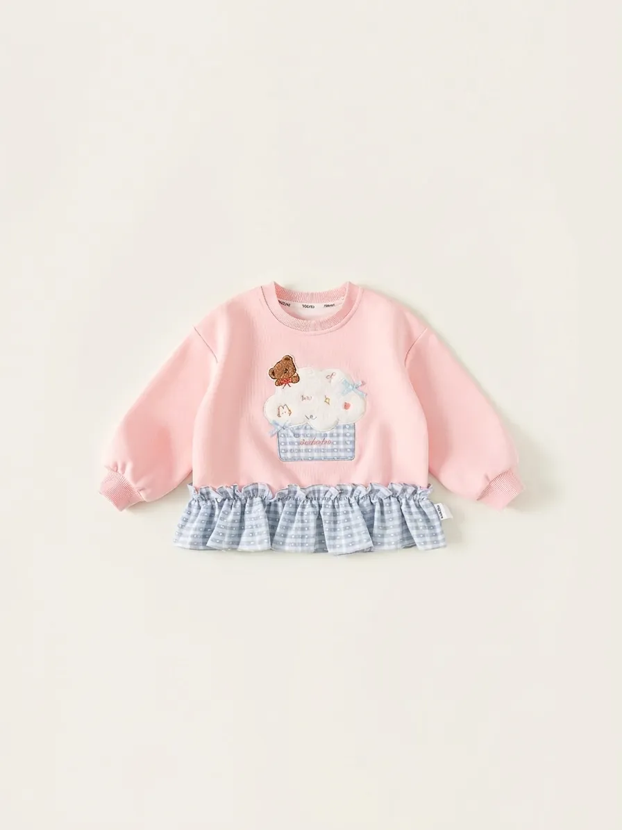 Zoete Meisjes Roze Sweatshirt Geruit Patchwork Roffelzoom Cartoon Beer Borduurwerk Ronde Hals Lange Mouw Pullover Kinderen Top