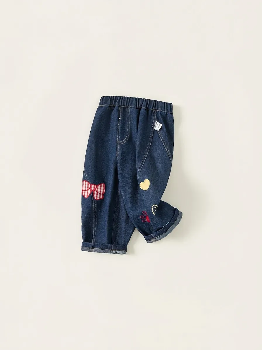 Jeans in Denim per Bambina con Ricamo Cuore e Fiocco Pantaloni in Morbido Cotone Vita Elastica Moda Casual per Bambini