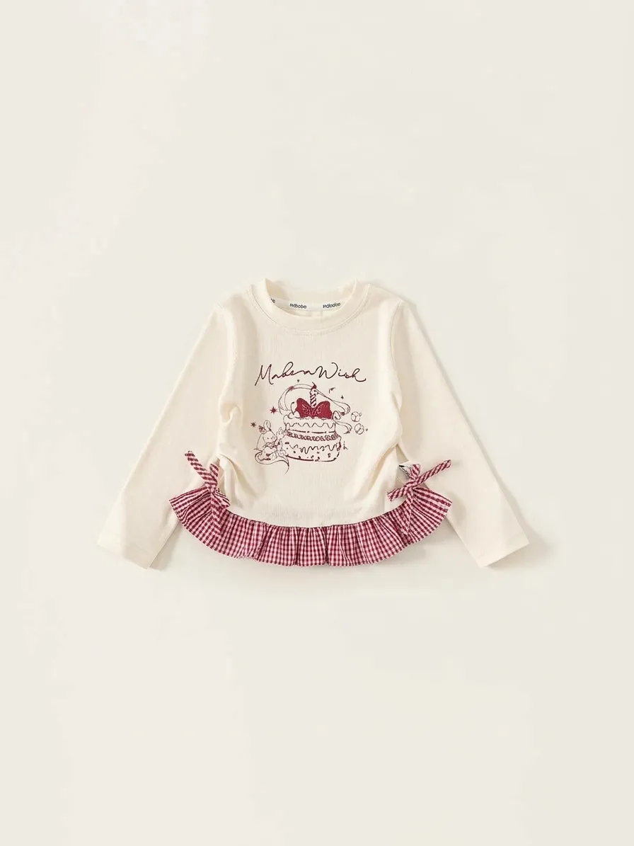 Girls Long Sleeve T-Shirt Cute Cartoon Cake Graphic Cotton Blend Casual Crew Neck Tops Children Fall Clothing