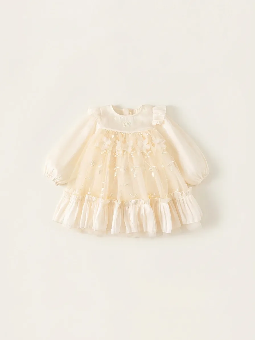 Girls Elegant Apricot Mesh Princess Dress Floral Embroidery 3D Flowers Fly Sleeve Children Sweet Party Wedding Dress