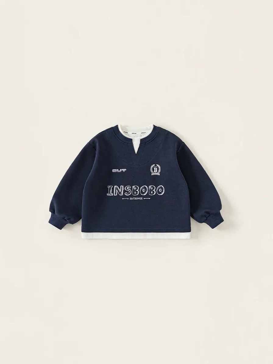 Kids Faux Two-Piece Sweatshirt Navy Blue American Vintage Letter Print Cotton Blend Pullover Round Neck Top For Boys Girls