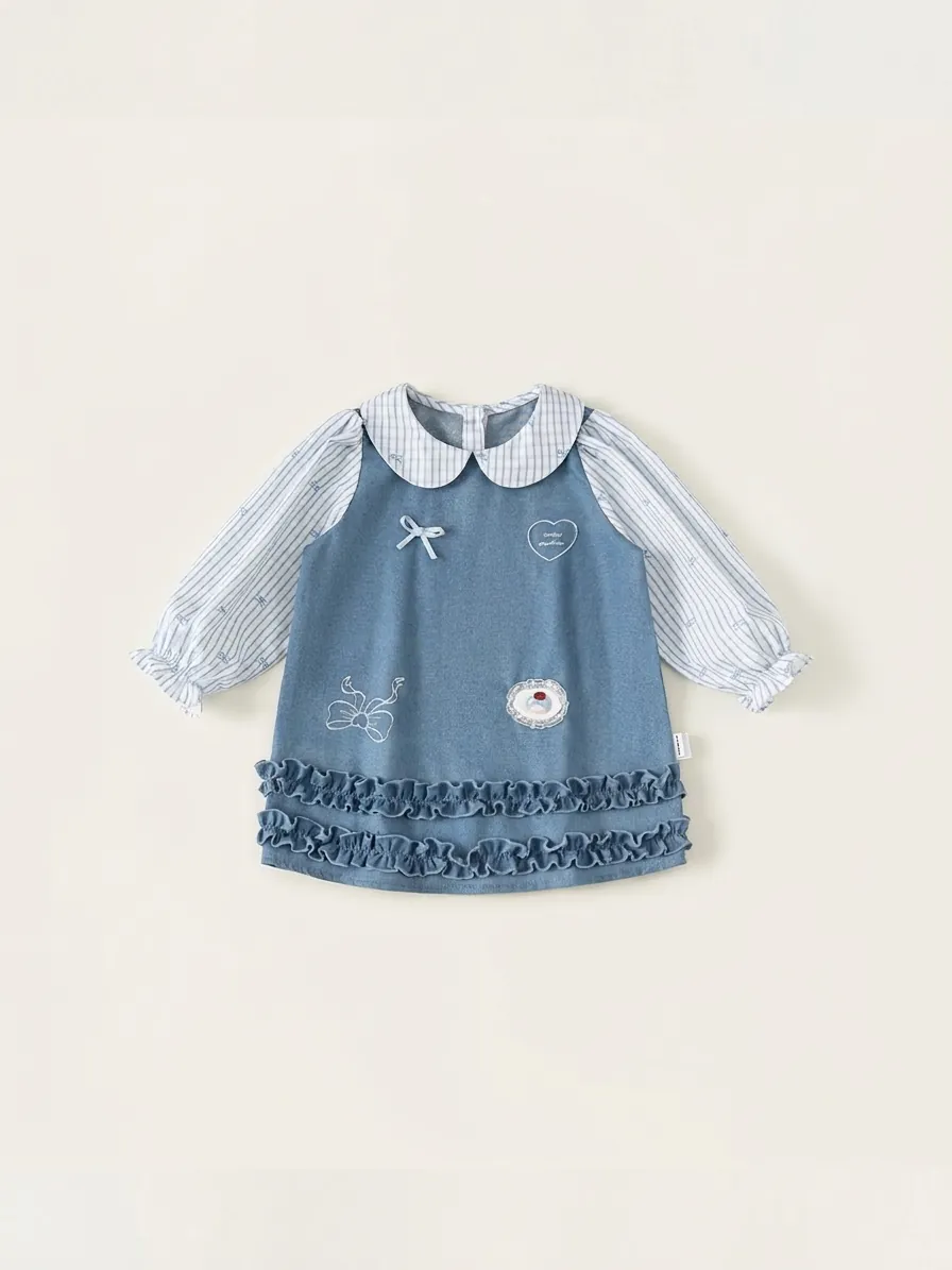 Girls Sweet Denim Patchwork Dress Striped Peter Pan Collar Ruffle Long Sleeve Cotton Toddler Princess Casual Dress