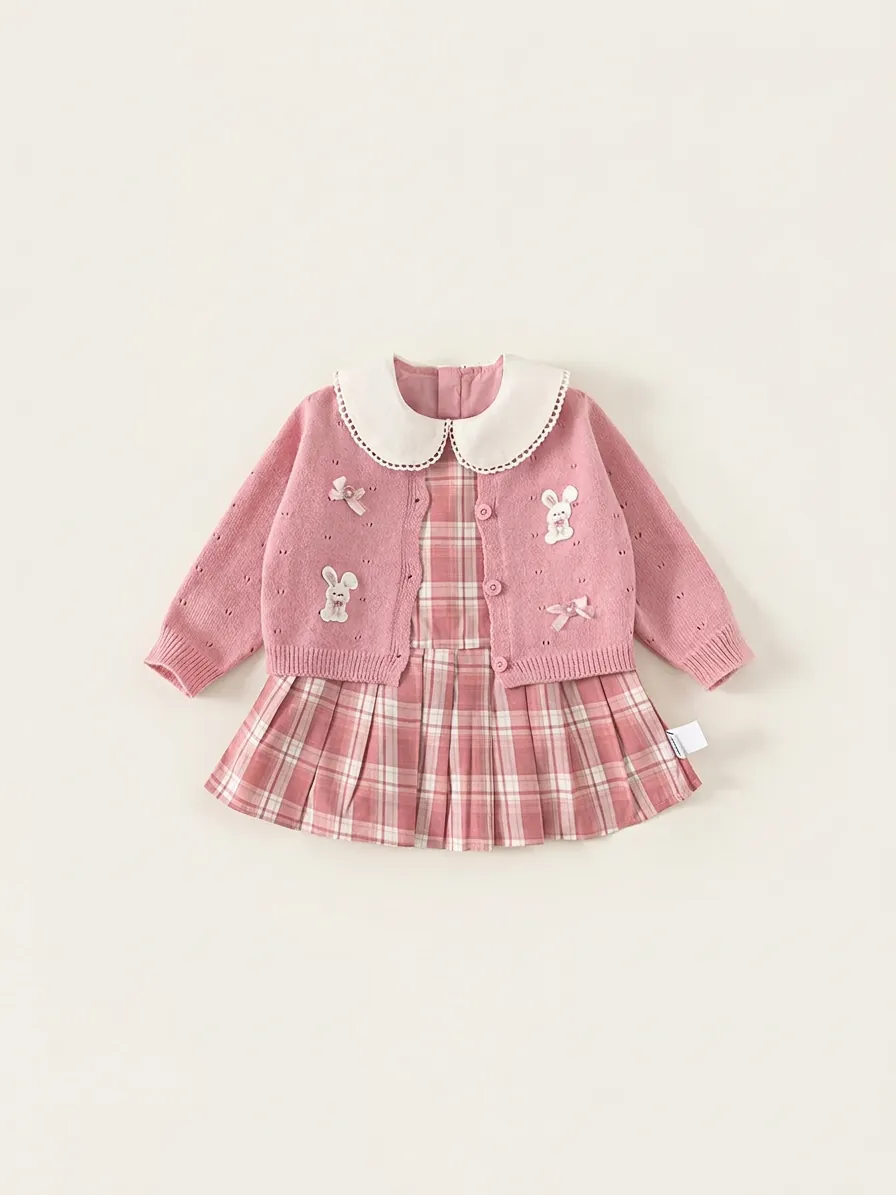 Mädchen Rosa Strickjacke Und Kariertes Kleid Set Preppy Bubi Kragen Hase Schleife Kinder Süßes Outfit Kleidung Set