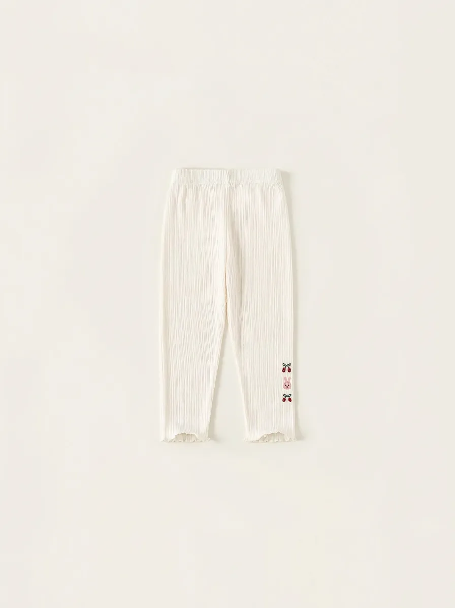 Legging en Tricot à Côtes pour Filles Broderie Cerise et Lapin Bordure Volantée Pantalon à Taille Élastique Printemps Enfants