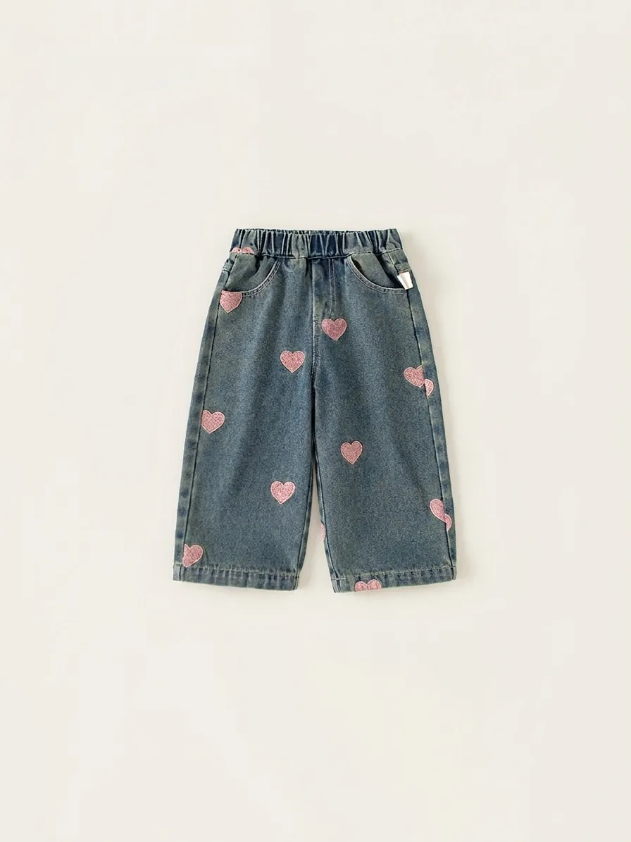 Girls Casual Heart Pattern Denim Jeans Comfortable Elastic Waist Wide Leg Straight Pants For Spring Everyday Wear