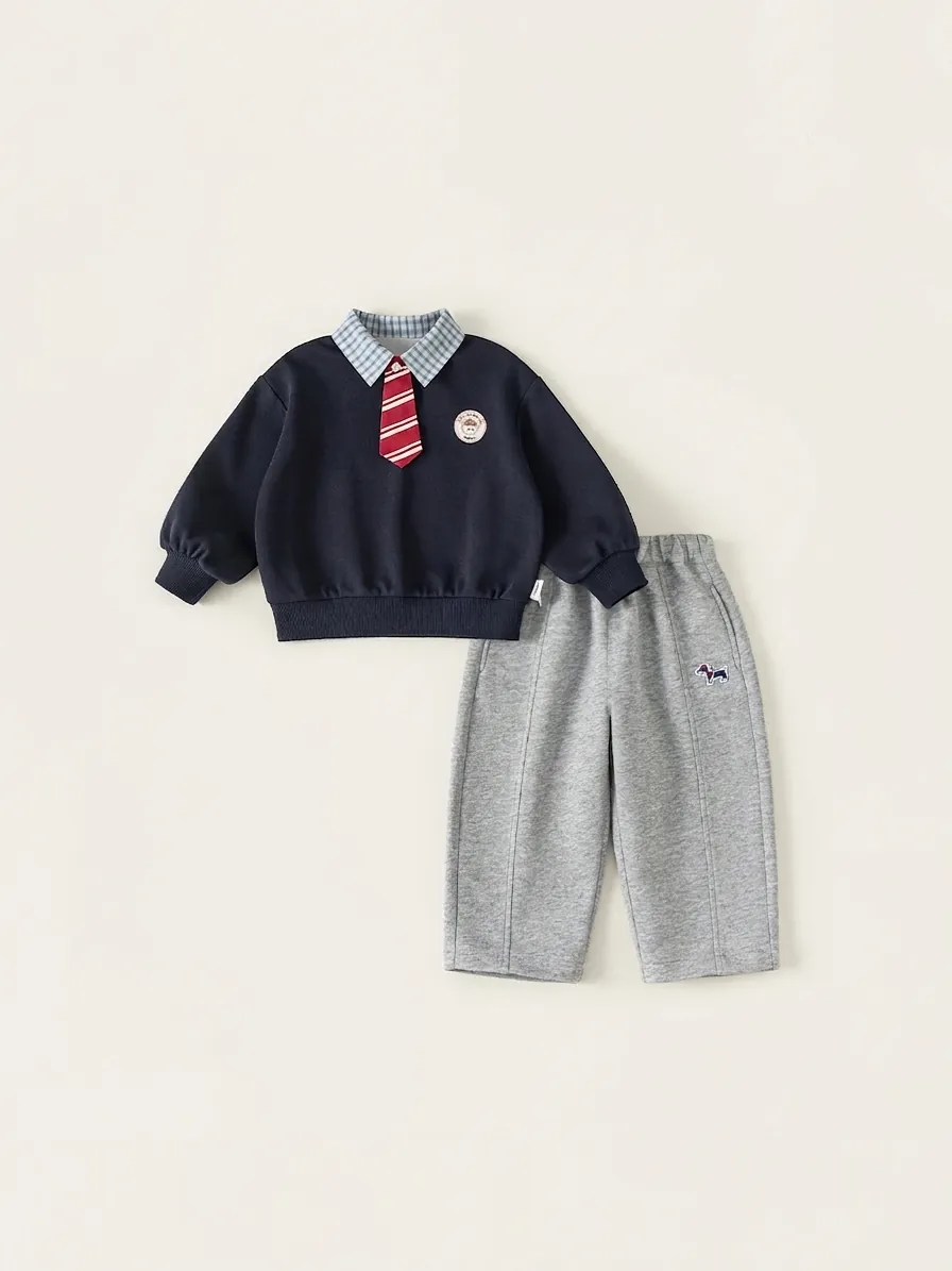 Ensemble de Vêtements de Style Académie pour Garçons en Coton Faux Deux Pièces Sweat et Pantalon Décontracté Avec Cravate