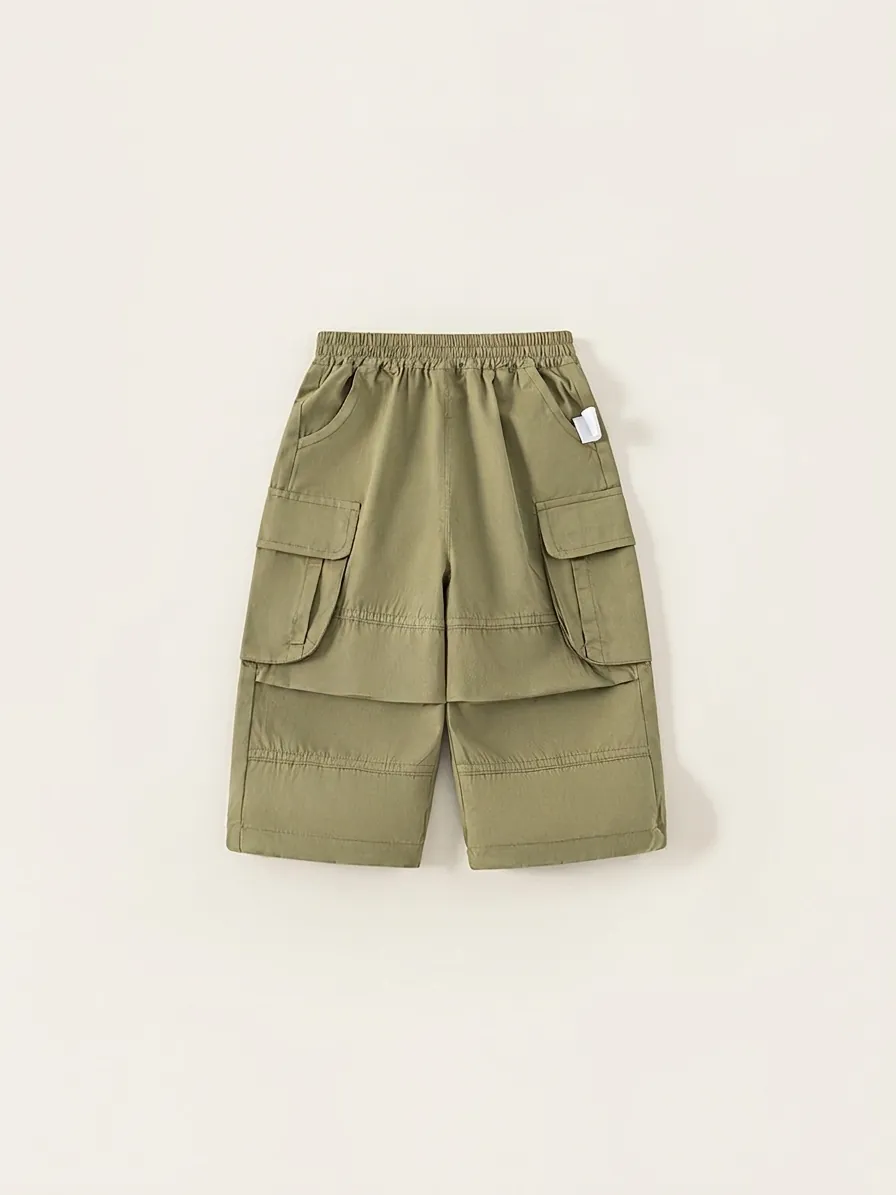 Pantalones Cargo para Niños 100 Por Ciento Algodón Multibolsillos Pantalones Casuales al Aire Libre Cintura Elástica Suave Color Sólido