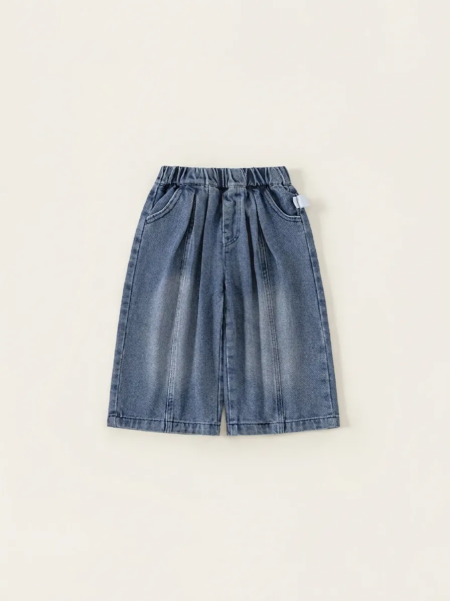 Bambina Pantaloni Denim a Gamba Larga Vita Elastica Tinta Unita Misto Cotone Jeans Primavera Autunno Bambini Pantaloni Dritti