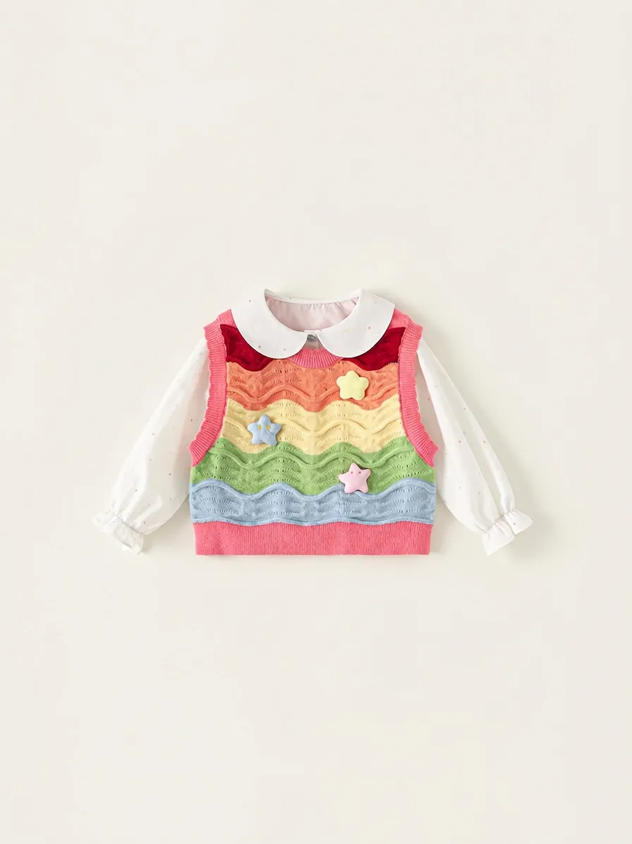 Girls Rainbow Wavy Stripe Knitted Vest and White Polka Dot Shirt 2-Piece Set Cute Peter Pan Collar Long Sleeve Top Outfit