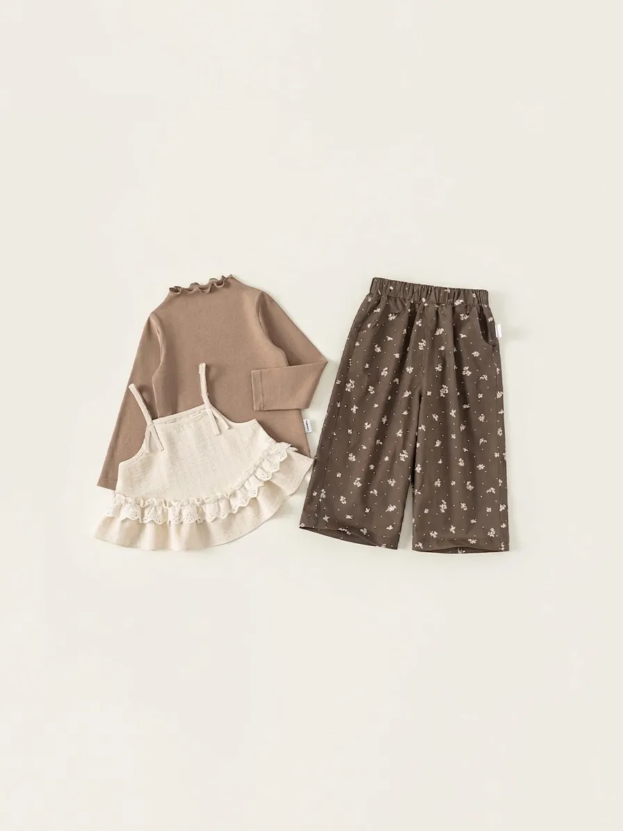 Ensemble de Vêtements 3 Pièces pour Filles Style Mori Haut à Manches Longues Débardeur à Volants Pantalon Large Imprimé Floral