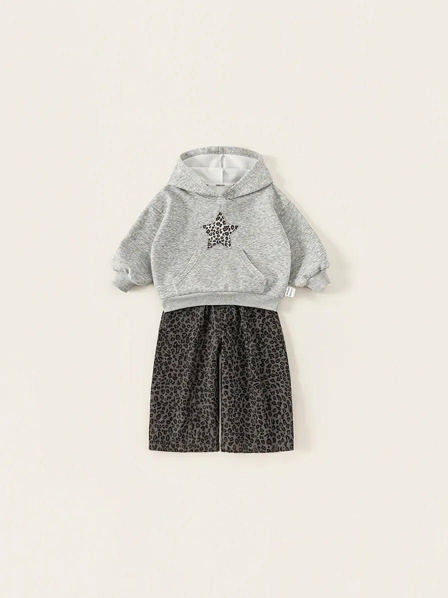 Kleinkind Kinder Casual Outfit Set Leopardenmuster Stern Kapuzenpullover Tops Und Weite Hose Meliertes Grau