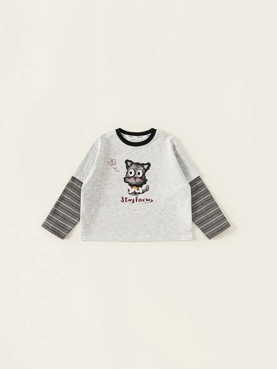 Maglietta a Maniche Lunghe per Bambini Finto Due Pezzi Maniche a Righe Cotone Casual Top per Ragazzi Ragazze Gatto Cartoon Pullover