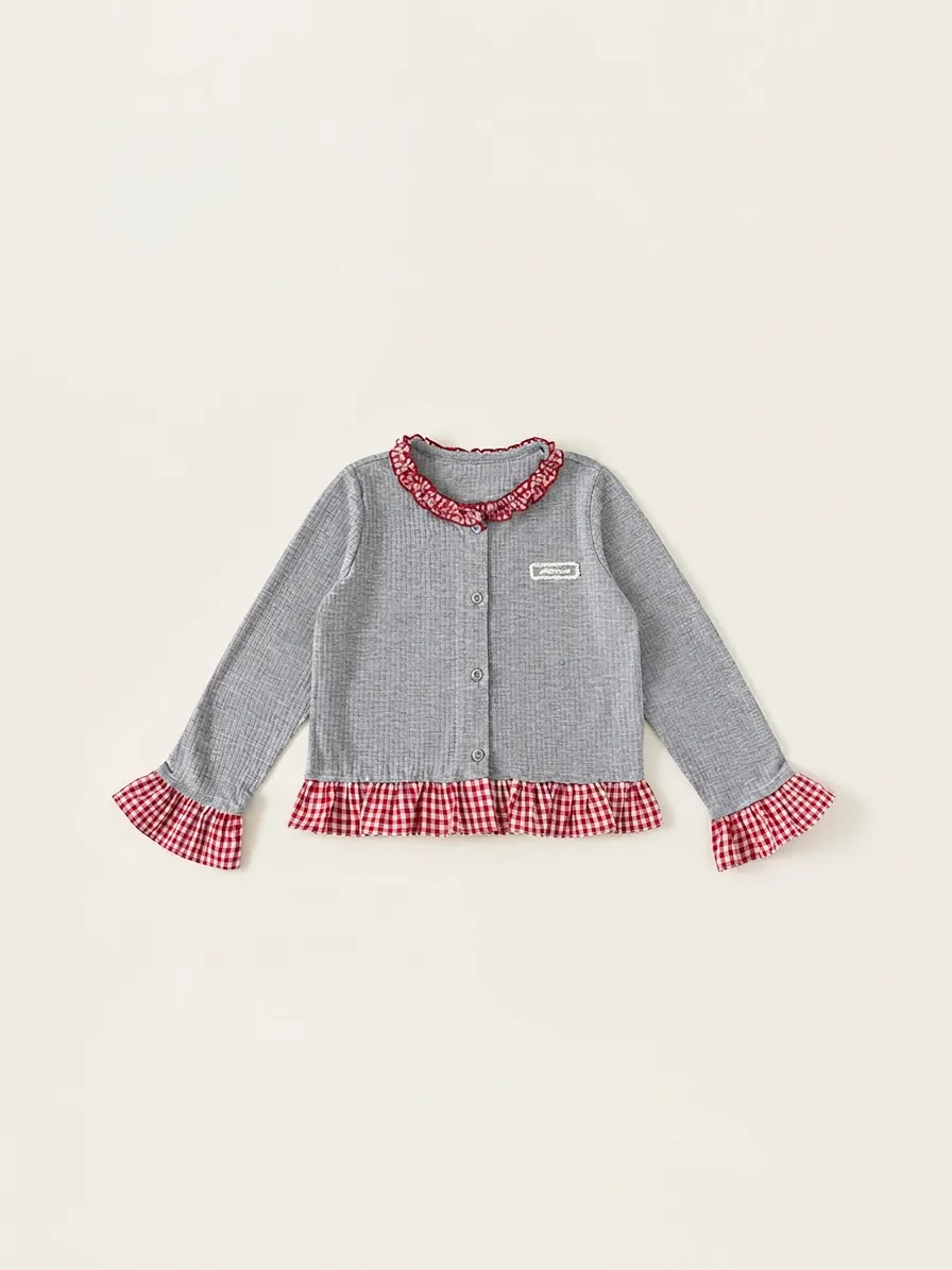 Sweet Girls Long Sleeve Ribbed Knit T-Shirt Grey With Red Gingham Ruffle Trim Patchwork Slim Top For Spring Autumn Kids Clothes
