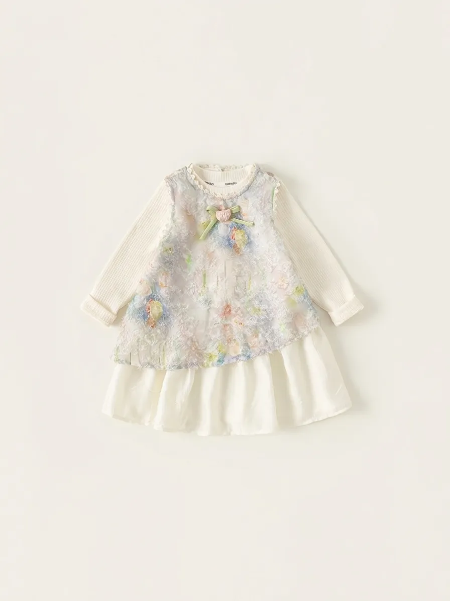 Ensemble Deux Pièces en Polyester Doux pour Filles Robe Sans Manches Florale et Chemise en Tricot à Côtes Manches Longues