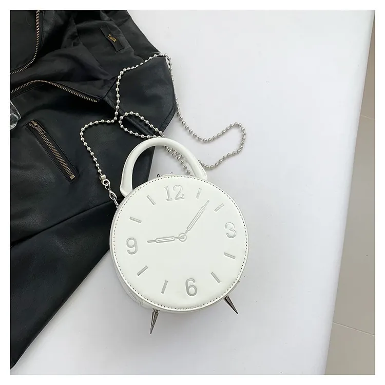 Novelty Women Clock Shaped Round Shoulder Bag PU Leather Handbag With Silver Chain Strap Retro Design Fashion Crossbody Bag