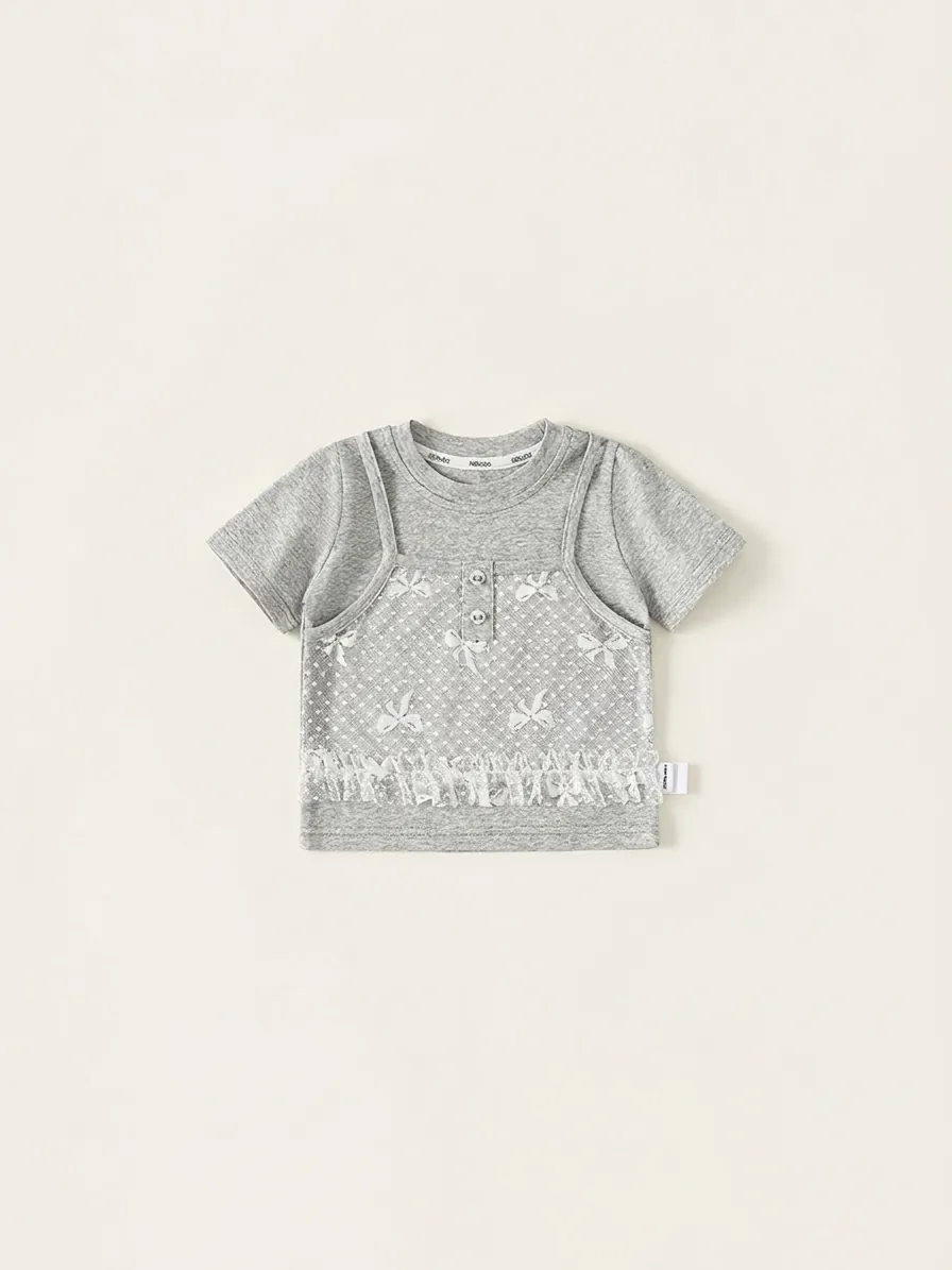 T-Shirt da Ragazza Dolce Grigio Melange Finto Due Pezzi Cucitura in Pizzo Stampa a Fiocco Manica Corta Cotone Top Estivo per Bambini