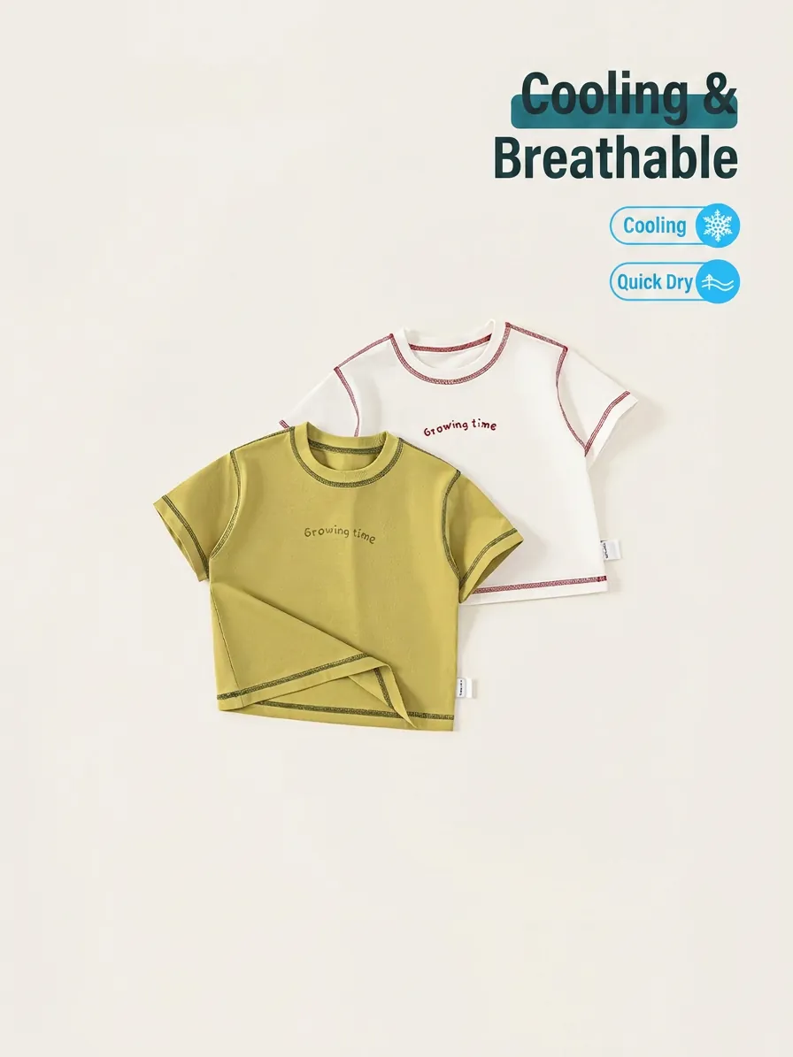 Maglietta in Misto Cotone Rinfrescante per Bambini Stampa Lettere Manica Corta Cuciture a Contrasto Abbigliamento Estivo