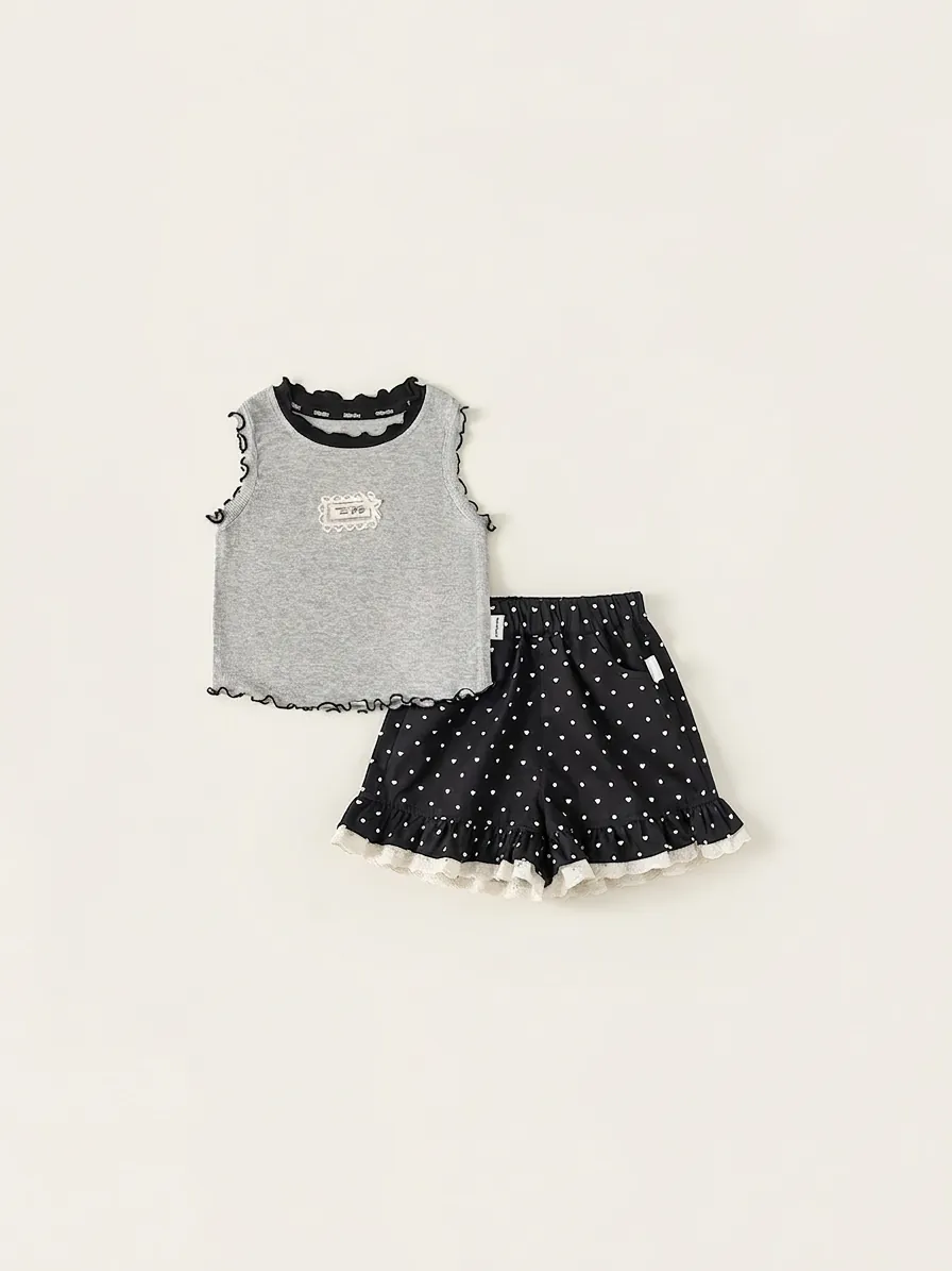 Girls Summer Two Piece Clothing Set Viscose Sleeveless Ribbed Tank Top And Polka Dot Ruffle Shorts Sweet Forest Style Kids Outfit