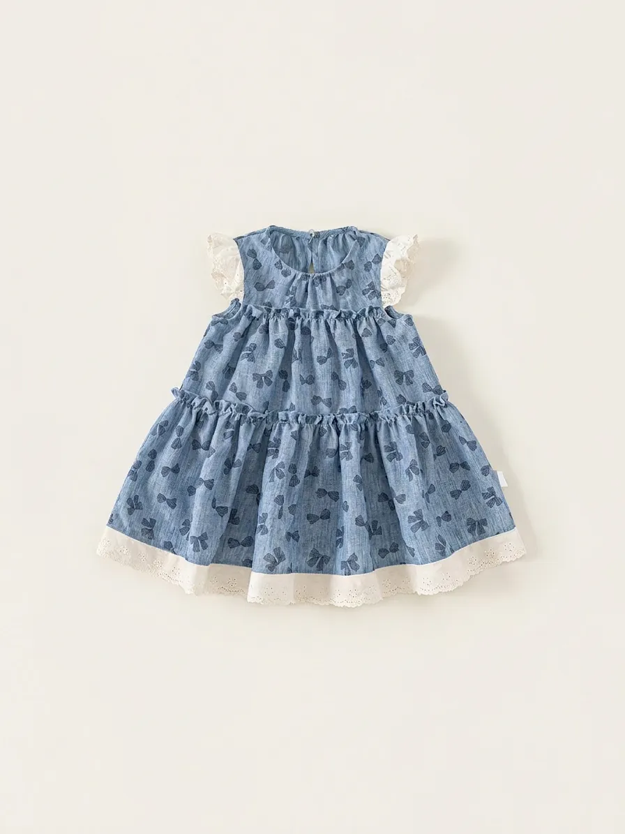 Toddler Girls Sweet Sleeveless Blue Dress With Bowknot Print And White Lace Trim Tiered Cake Princess Summer Daily Wear