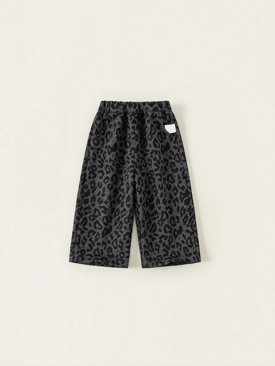 Fashion Kids Leopard Print Casual Pants Girls Boys Cotton Blend Elastic Waist Wide Leg Straight Trousers Soft Comfortable