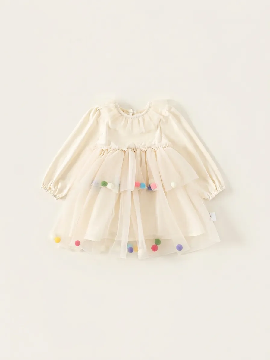 Robe Douce en Maille de Tulle à Manches Longues pour Filles Blanc Crème Princesse Fée Robe de Fête avec Pompons Colorés