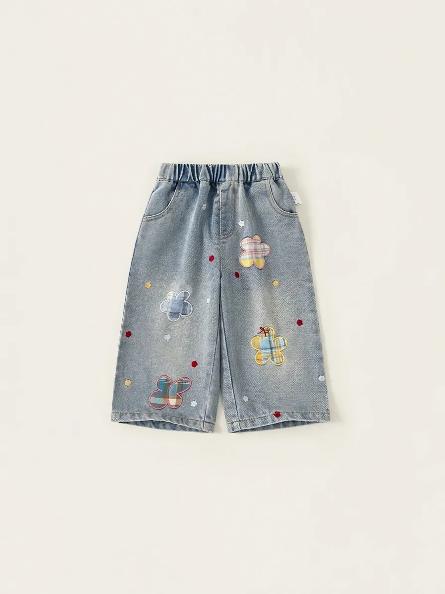 Vaqueros de Pata Ancha de Mezclilla de Algodón para Niñas Cintura Elástica Bordado de Parches de Flores Corazón Pantalón