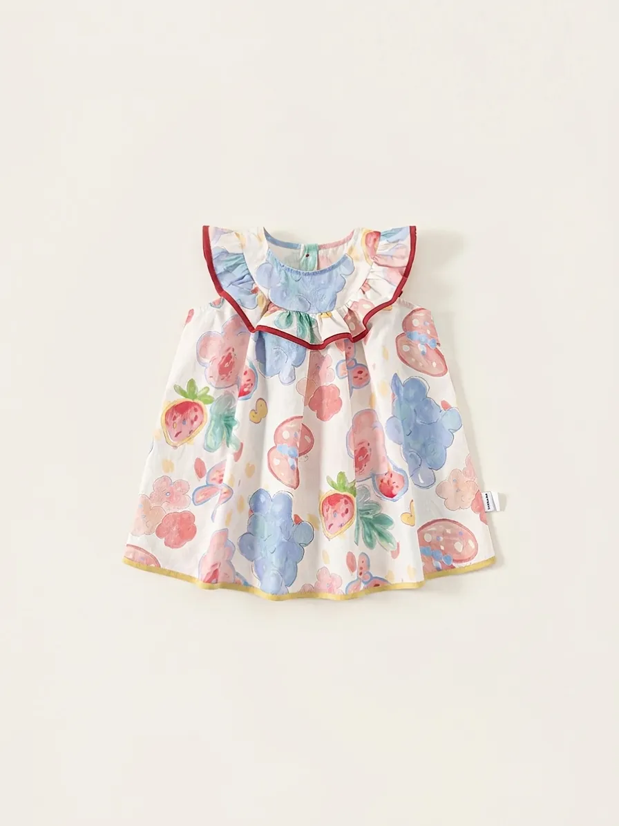 Mädchen Sommer Baumwolle Ärmelloses Kleid Rüschen Peter Pan Kragen Bedruckt Graffiti Floral Erdbeere A-Linie Kinder Kleid