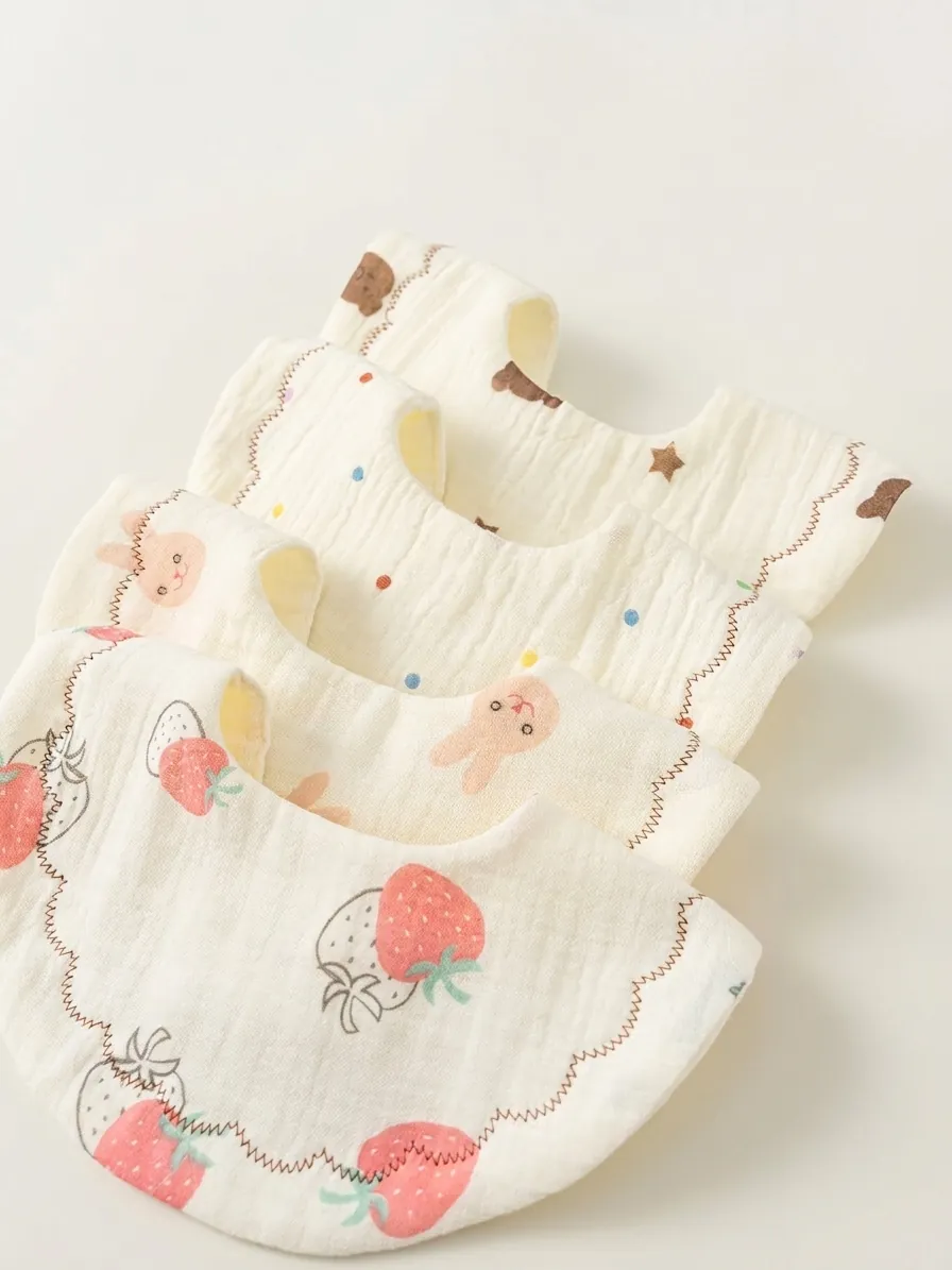 Baby Cotton Muslin Bibs 360 Degree Rotating Petal Shape Absorbent Cartoon Bear Strawberry Rabbit Pattern Saliva Towel
