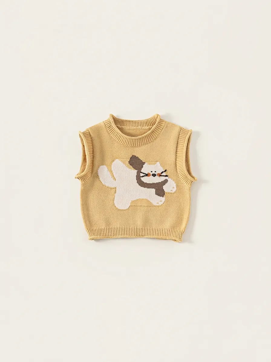 Gilet In Maglia Per Bambini Gatto Dei Cartoni Animati Giallo Zenzero Senza Maniche Maglia Per Ragazzi Ragazze Abbigliamento Casual Autunno Primavera