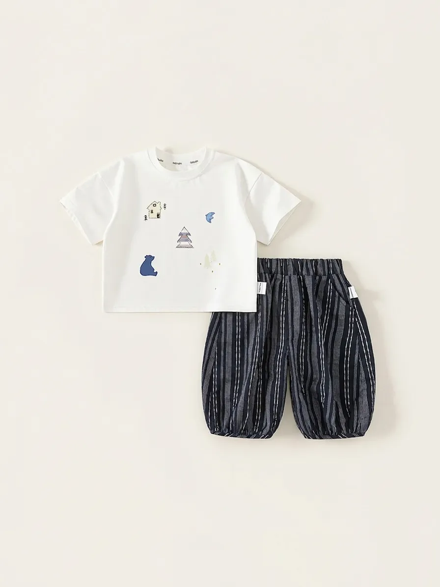 Boys Casual Summer Clothing Set Cotton Blend Short Sleeve T-Shirt And Striped Lantern Pants Cartoon Forest Style Two Piece Outfit