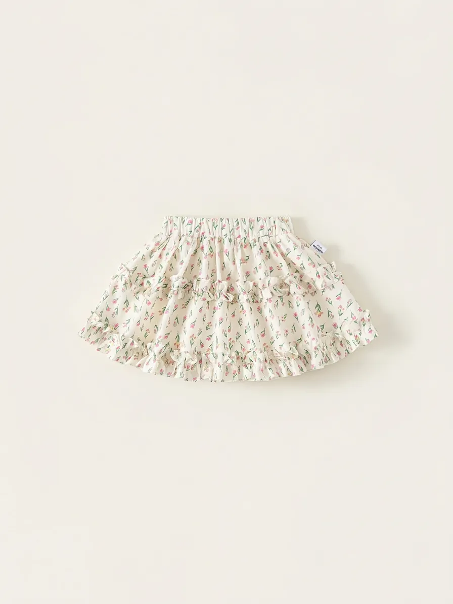 Jupe à Étages Imprimé Floral pour Filles en Coton Été Jupe Trapèze à Volants Beige Imprimé Fleurs Vêtements Enfants