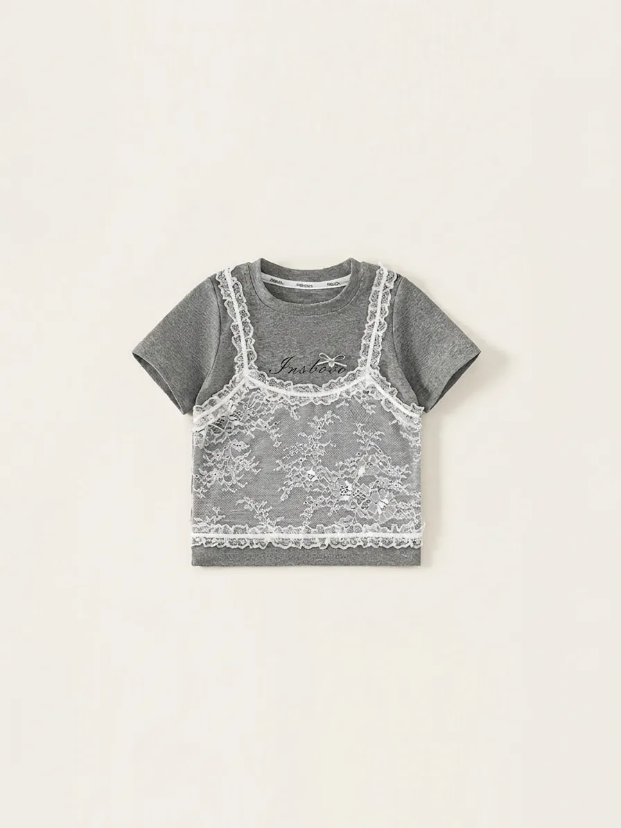 Girls Sweet Cotton Short Sleeve T-Shirt With Lace Patchwork Fake Two Piece Layered Top Casual Letter Print Bow T-Shirt Kids Clothing
