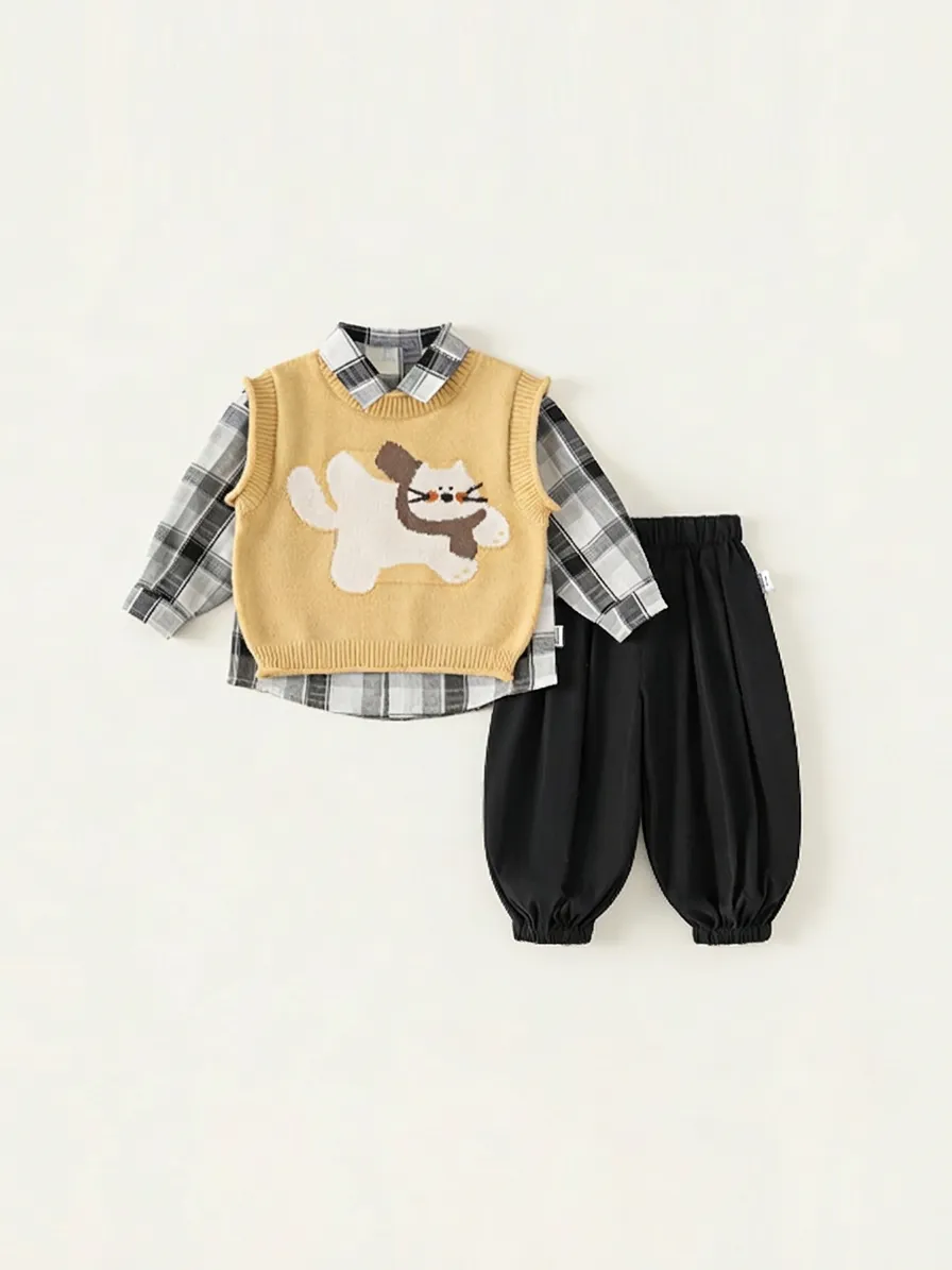Kinder Jungen Strickweste Kariertes Langarmshirt Und Jogginghose Set Gelb Cartoon Katze Muster Weich Bequem Herbst Outfit