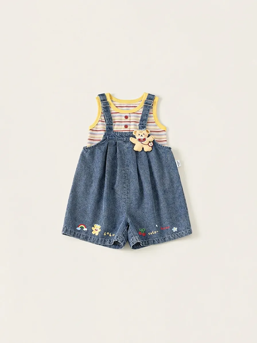 Girls Summer Clothing Set Rainbow Striped Sleeveless Vest Top And Cartoon Bear Denim Overalls 2 Piece Kids Casual Outfit