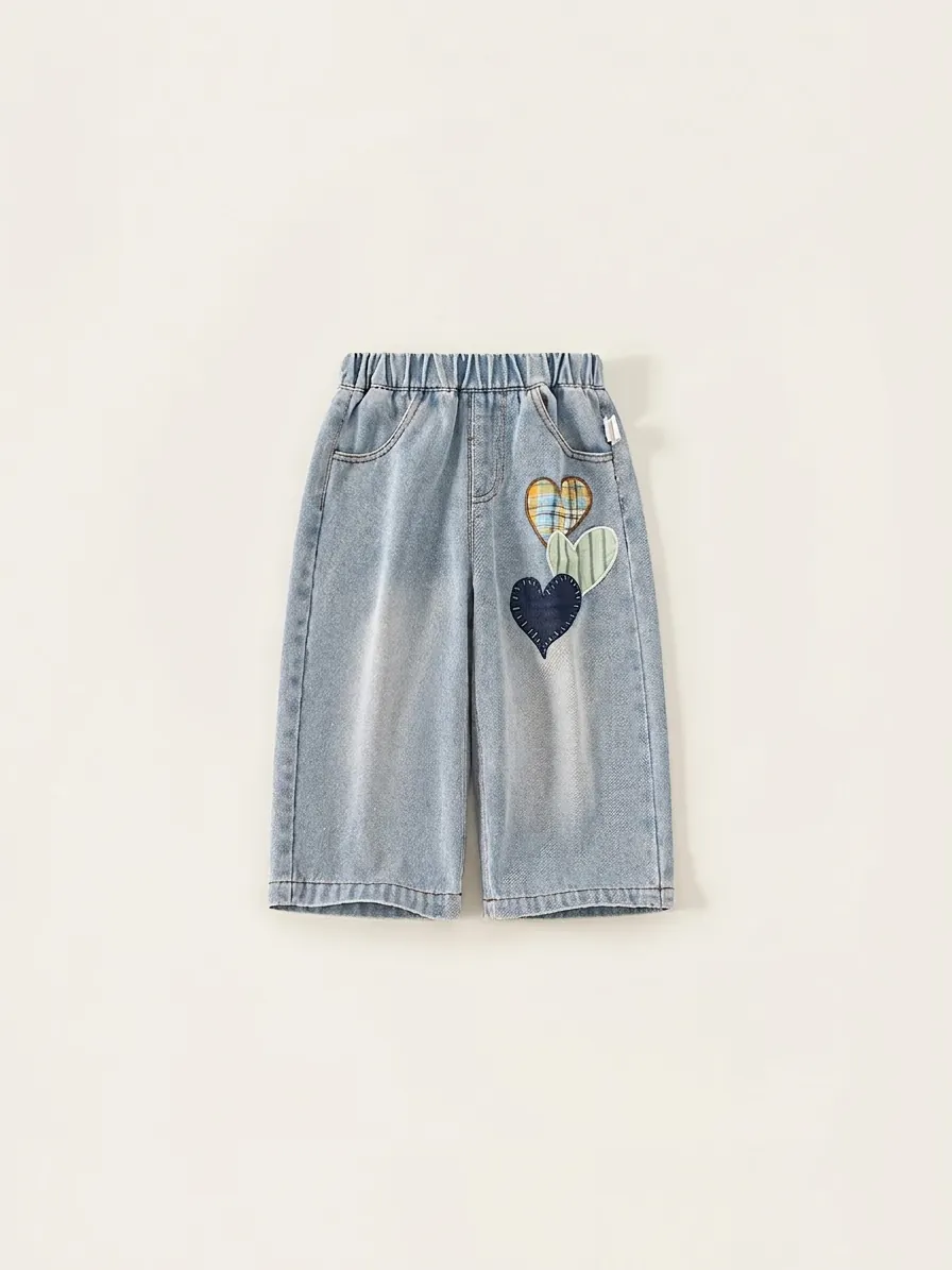 Girls Sweet Heart Embroidery Patchwork Denim Jeans Toddler Casual Light Blue Straight Leg Soft Cotton Trousers For Kids