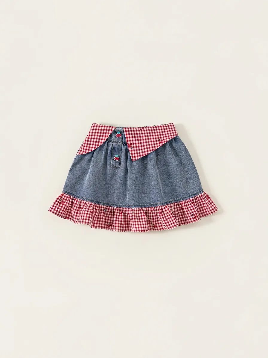 Jupe en Jean Patchwork Vichy pour Filles Été Ourlet à Volants Décoration Cerise Jupe Courte Décontractée Style Pastoral