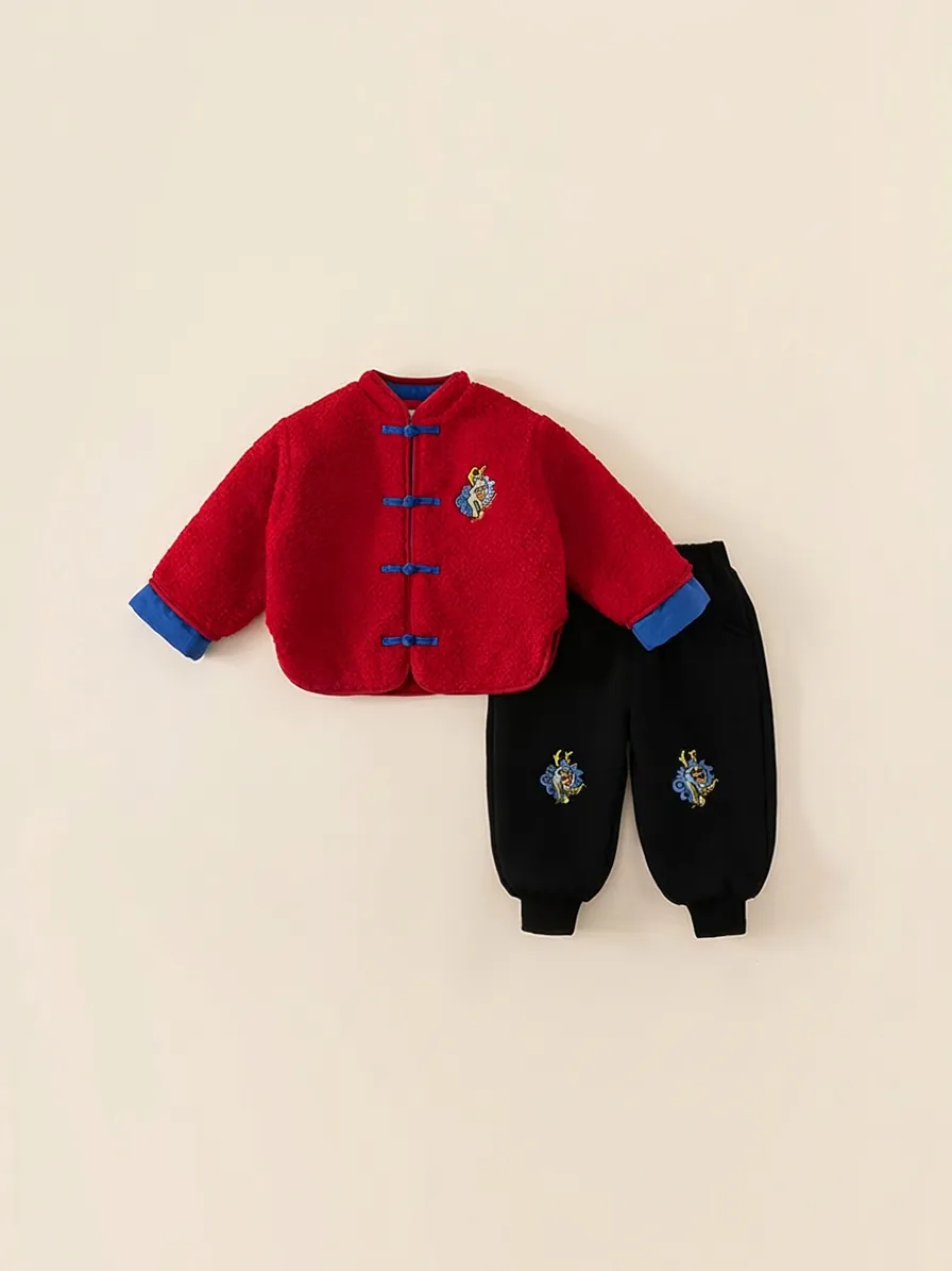 Tenue du Nouvel An Chinois pour Enfants Veste Rouge Doublée Polaire Broderie de Dragon et Pantalon Noir Vêtement Bébé Chaud