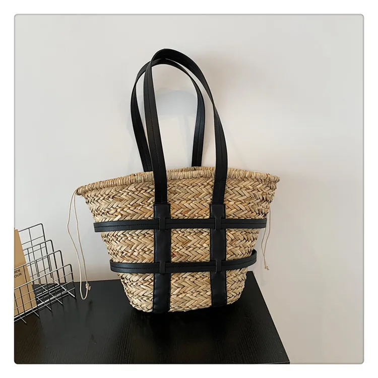 Woven Straw Tote Bag With PU Leather Trim Large Capacity Summer Beach Shoulder Handbag Drawstring Casual Travel Vacation Bag