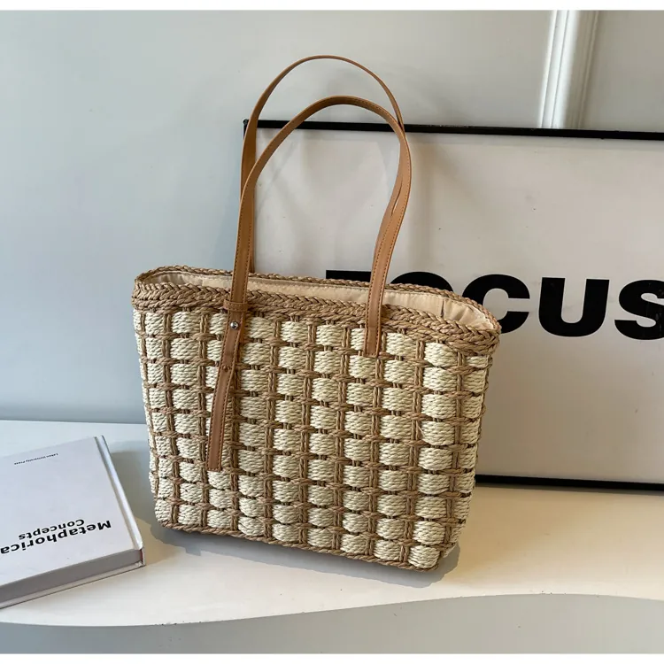 Sac Cabas en Paille Tissée à la Mode pour Femmes Sac à Épaule à Carreaux Grande Capacité Sac à Main de Plage d'Été Vacances Voyage